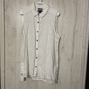Jones New York Top Womens Large White Linen Sleeveless Button Up Collared Size L